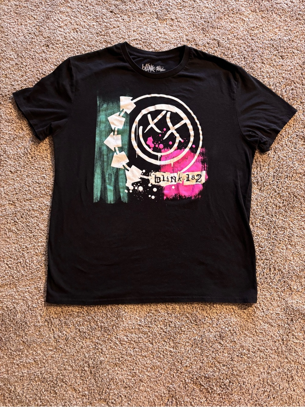 Blink-182 Black Graphic Tee with Pink & Green Accents Large